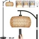 ROTTOGOON Boho Floor Lamp with Dimmable Bulb, Rattan &Linen Double Shades, Boho Standing Tall Lamps with Foot Switch, Bohemian Floor Lamps for Living Room, Bedroom, Office
