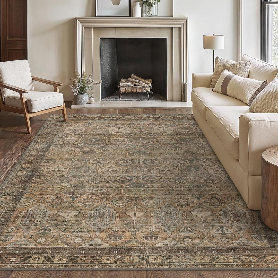 Bavni Washable Rug 9x12 Area Rug for Living Room Bedroom Dining, Washable Vintage Print Carpet, Ultra-Thin Chenille Low Pile Lightweight Rug with Non Slip Backing, Warm Taupe