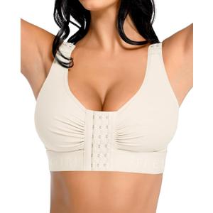 FeelinGirl Post Surgery Compression Bra for Women's Front Closure Bra with Adjustable Straps Wirefree (White), S