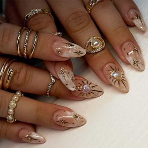 24pcs Almond Press On Nails Medium Fake Nails Star Rhinestone With Heart Design Ombre False Nails Full Cover Artificial Nails Glossy Cute Glue On Nail Reusable Stick On Nail For Women Manicure