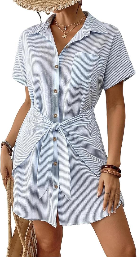 Bsubseach Womens Swimsuit Coverup Short Sleeve Button Down Tie Beach Shirt Dresses Summer Bathing Suit Cover Up Swimwear, L
