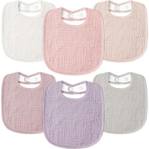 Susurration Muslin Baby Drool Bibs 6Pack Soft Square Adjustable Baby Bandana Bibs for Unisex Girls & Boys (Pink)
