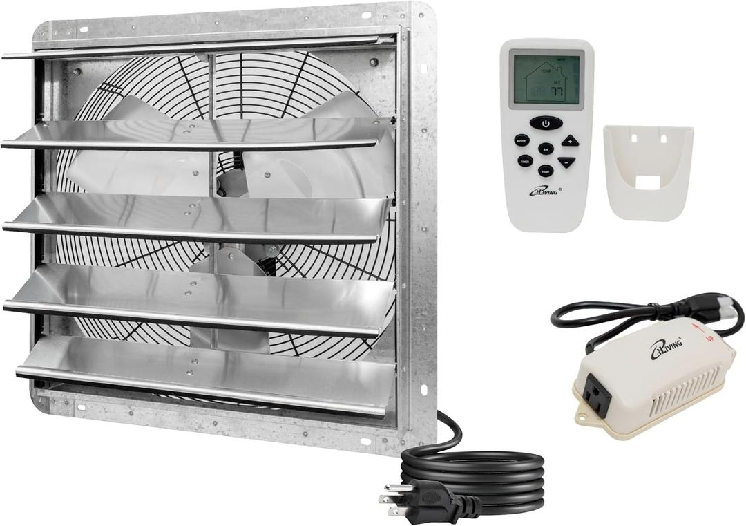 iLIVING 20" Shutter Exhaust Fan with Wireless Smart Remote Controlled Thermostat and Humidity, Variable Speed Wall Mounted Attic Vent Fan, Chicken Coop Ventilation, 3368 CFM, 5000 SQF Coverage Area
