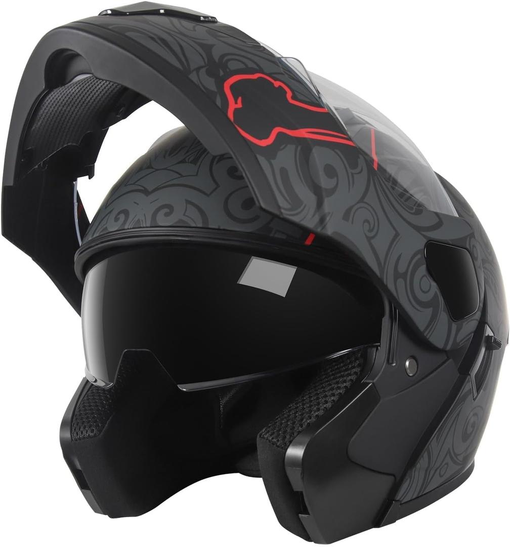 DOT Approved Full Face Modular Flip-Up Dual Visor Motorcycle Helmet for Adult Men Women, Lightweight ABS Shell & Ventilated, Street Bike ATV (Black, S)