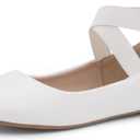 Shoe Land Women's Flats  Dressy & Casual Almond Toe Flat Shoes with Elastic Ankle Strap, Comfortable Slip-On Ballet Flats for Work, Office & Special Occasions (6, White)