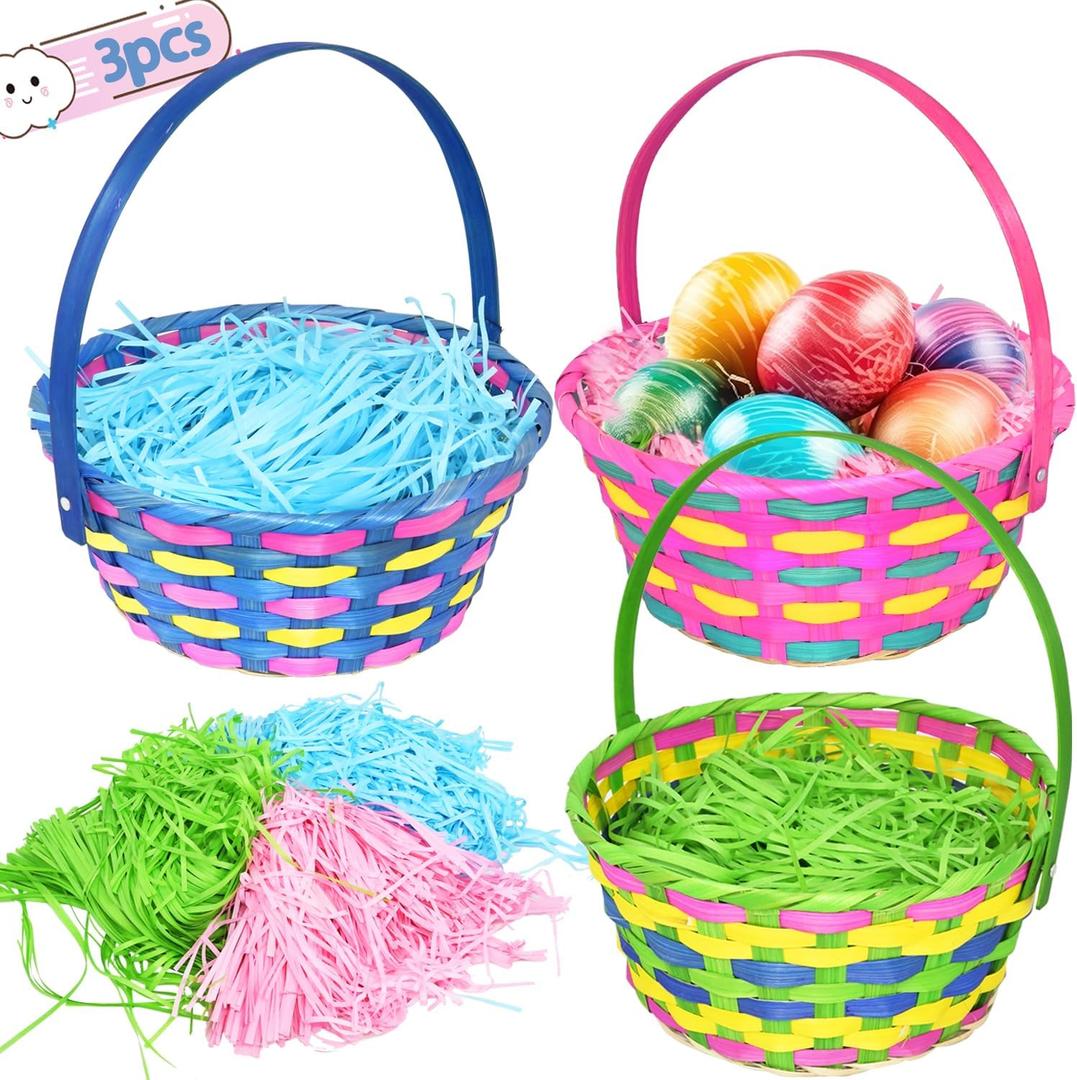 3Pack Easter Gift Woven Basket with Handles and Tricolor Grass Paper Shreds for Easter Egg Hunt Party, Picnic (Style 2)