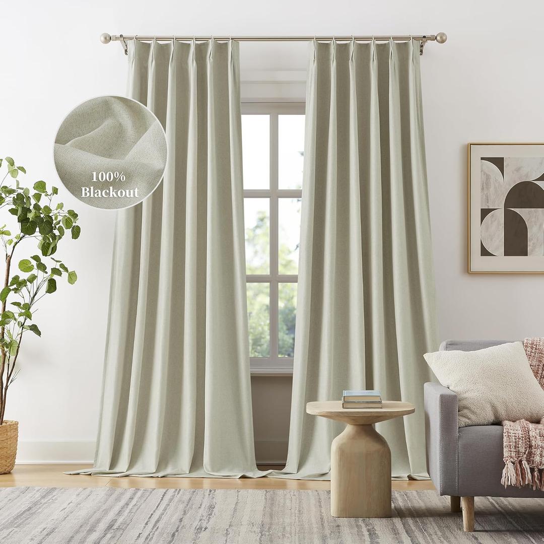 DUALIFE Blackout Pinch Pleated Curtains 132 Inch Long, Linen Blended Farmhouse 100% Blackout Thermal Insulated Back Tab Drapes with Hooks for Track System 2 Panels-Greige/Natural Linen, W40xL132