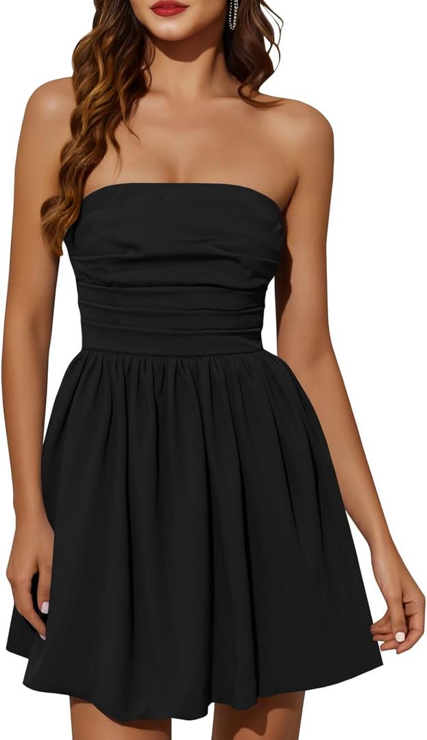 Wenrine Women's Sexy Strapless Summer Mini Dress Sleeveless Smocked A Lined Bubble Wedding Club Party Dress, XL