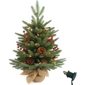 Prelighted Mini Christmas Tree 2 ft with 50 Light, 80 Tips Plug in Small Artificial Xmas Tree with Timer 24 inch Tabletop Tree Christmas Decoration for Bedroom Fireplace Mantel