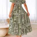 BTFBM Women's Clothing Wedding Guest Dresses Casual Boho Floral Short Sleeve Smocked Maxi Beach Spring Summer Dress 2026 (Green, S)