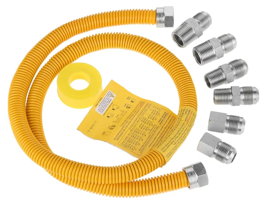 48"Gas Hose Connector Kit Gas Line for Dryer, Water Heater, Stove- 5/8 In. OD (1/2 In. ID) 1/2 In Flexible Gas Line, FIP X 1/2 in. MIP X 3/4 In. MIP Fitting, Stainless Steel, Yellow Coated