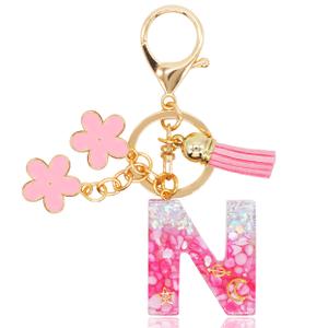Alphabet Initial Letter Keychains for Women Pink White Tassel Flower Pendant Car Key Ring for Backpack Handbags Charm