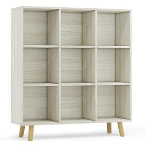 9-Cube Open Shelf Bookcase - 3-Tier Wooden Bookshelf with Legs, Oak