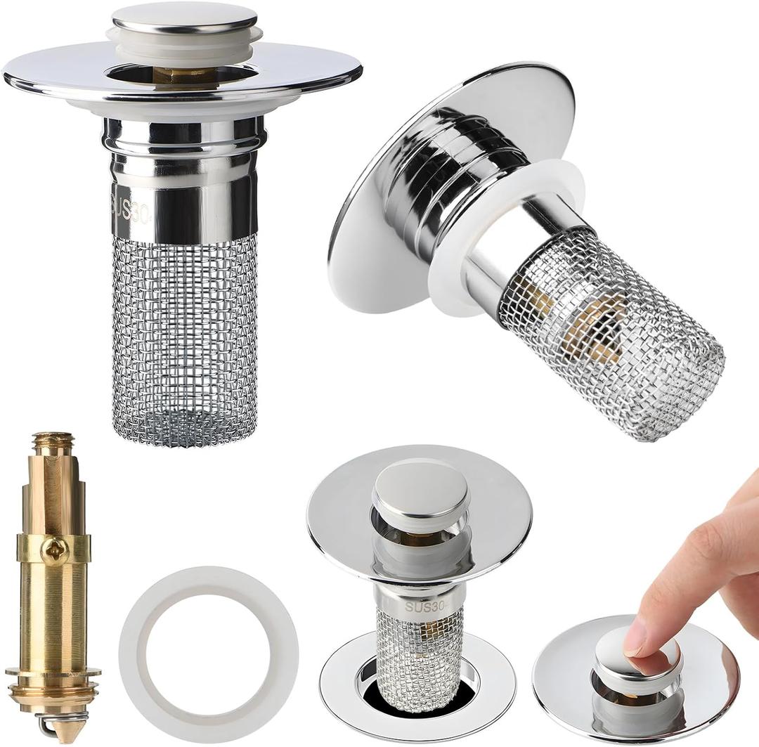 2pcs Bathroom Sink Drain Strainer Pop Up Sink Drain Stopper with Removable Stainless Steel Filter Basket, for US Universal Bathroom Kitchen Basin Sink Stopper Bathroom Sink Stopper (2psc)