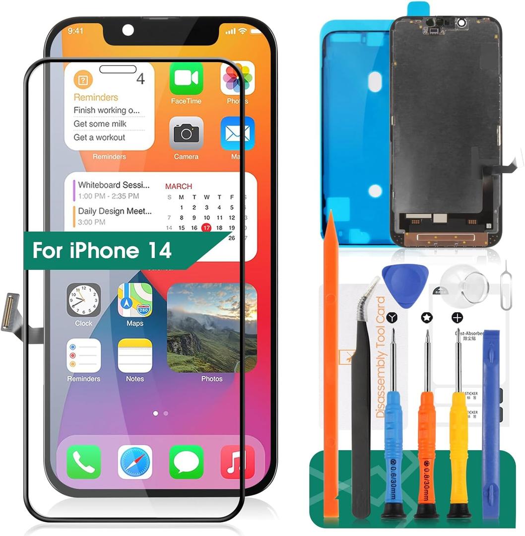 SRJTEK Incell for iPhone 14 LCD Screen Replacement A2882, A2649, A2881, A2884, A2883 Full HD Display and 3D Touch Digitizer Assembly Repair Kits (Black,Smaller Display Area)