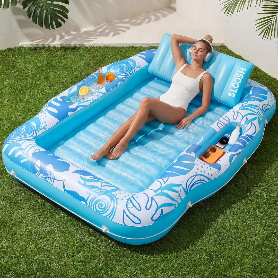 SLOOSH Inflatable Tanning Pool Lounger Float, 70" x 53" Pool Floats Adult with Cooler, 6 in 1 Suntan Tub Raft Floatie,Sunbathing Bed Lounge for Water Blow Up Ball Pit Party Gifts