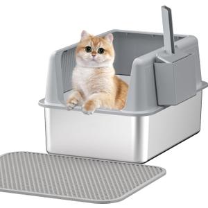 Stainless Steel Cat Litter Box with Lid,XL,19.7L x 13.8W x 11.8H Deep,Metal Litter Box with High Side,for Small and Large Cats,with a Scoop and Scoop Storage Box Litter Mat Double,Easy Cleaning (Grey 4 pcs gifts (11.8 deep))