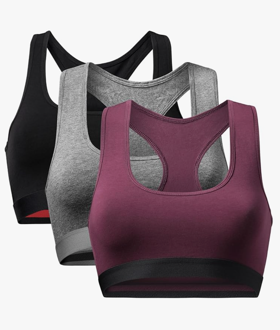 DANISH ENDURANCE Bralettes for Women, Organic Cotton, Seamless Bra, Wireless, Racer Back, Multicolor (1x Black, 1x Dark Grey, 1x Wine), Large