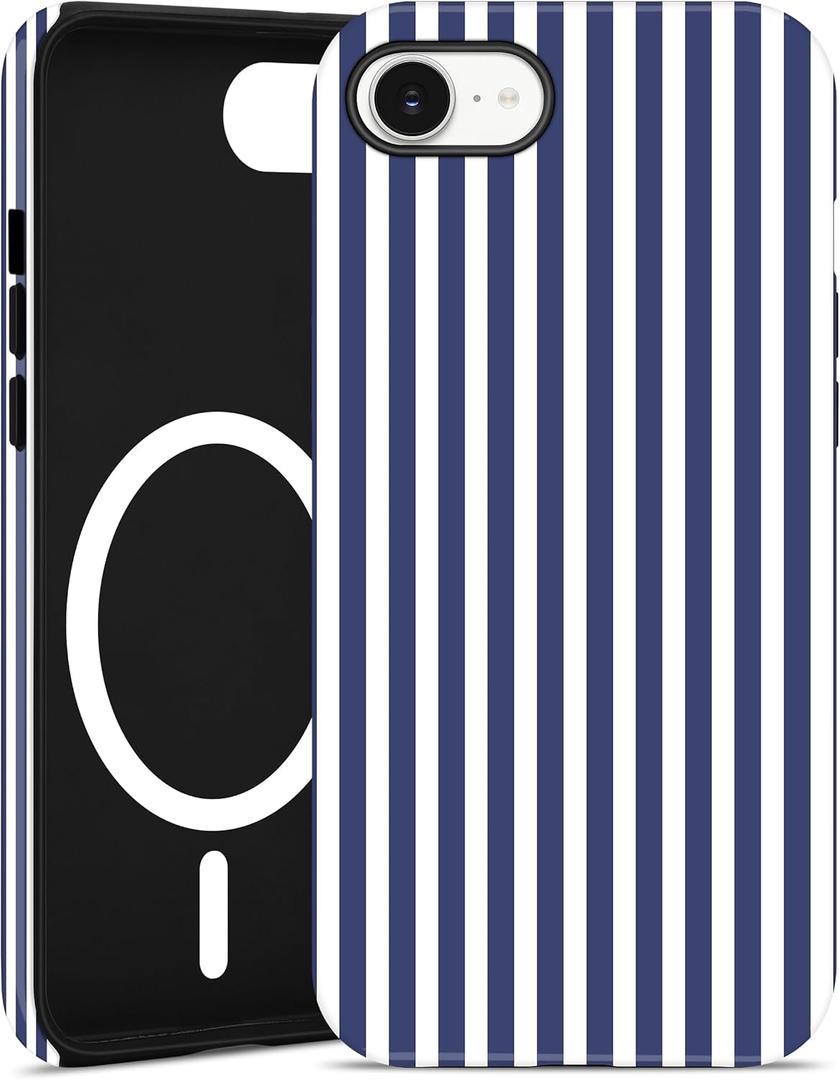 Jusy Compatible with MagSafe Striped Phone Case for iPhone 7/8/SE, Cute Aesthetic Magnetic Soft TPU and Hard PC Protective Phone Cover for Women GirlsMatte - Navy Blue