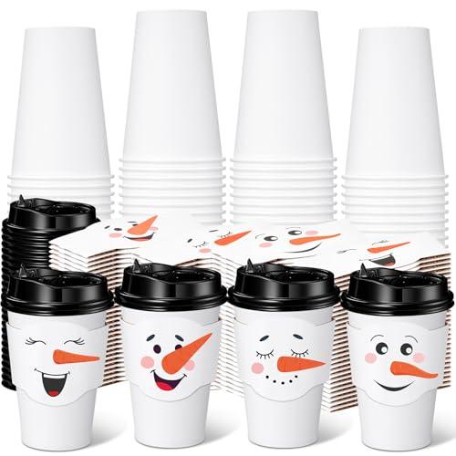 Potchen 48 Sets 12 oz Christmas Disposable Paper Cups White Snowman Coffee Cups with Lids and Sleeves Bulk for Hot Cold Tea Drinking Winter Birthday Wedding Holiday Party Favors