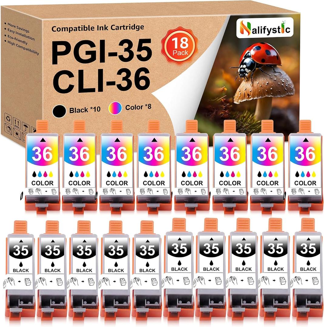 Compatible TR150 Ink Cartridge PGI-35 CLI-36 Replacements or Canon 35 36 Ink Cartridge Work with TR160 TR150 iP110 iP100 Cannon Printer (10 Black, 8 Tri-Color)