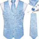 DiBanGu Mens Paisley Vest Tie Set with Lapel Pin Tie Clip 7PCS Silk V-Neck Suit Waistcoat and Necktie for Tuxedo Wedding (Blue, S)