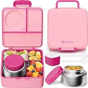 Fimibuke Bento Box for Kids Adult, BPA Free & Leakproof Toddler Lunch Box with 8.5oz Insulated Thermos Food Jar, Utensils & Sauce Jar, Dishwasher Safe 3 or 4 Compartment Container for School Girl Boy 