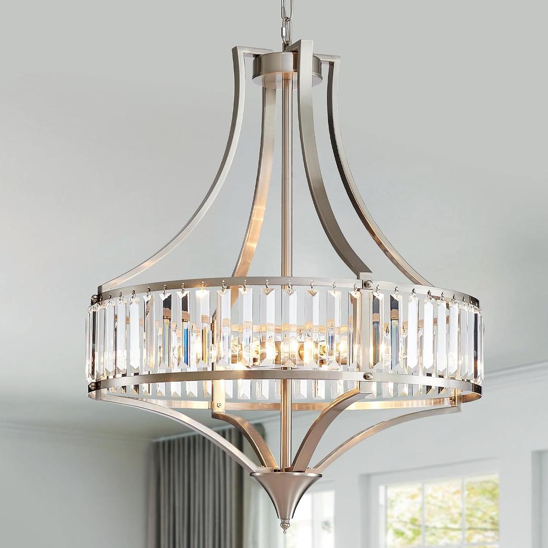 Brushed Nickel Chandeliers for Dining Room, Rustic Farmhouse Crystal Chandelier with Round Metal Shade, Modern 6-Light Large Light Fixture for Hallway, Bedroom, Foyer, 27.5"L x 21.6"W x 21.6"H