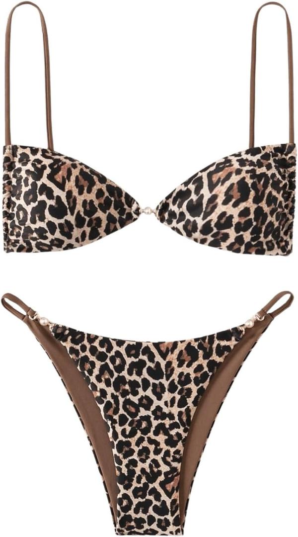 SOLY HUX Bathing Suit for Women Leopard Print Bikini Sets Two Piece Swimsuit (Small)