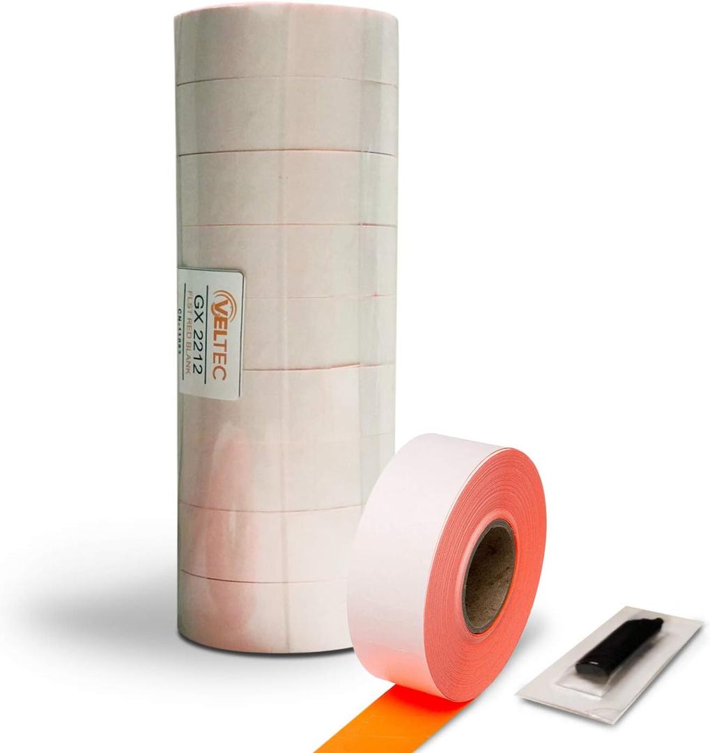 2212 Fluorescent Red Pricing Labels for Garvey and Contact 22-6, 22-7, 22-8 Price Gun/Labelers, Free Ink Roller  9 Rolls, 11,000 Labels with Security Slits