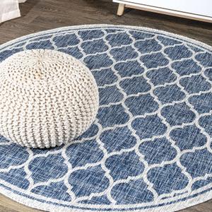 JONATHAN Y Moroccan Trellis Indoor Outdoor Round Area Rug 4 Ft Navy/Gray, Trebol Textured Weave for Backyard, Patio, Porch, Easy-Cleaning, High Traffic, Pet-Friendly, Non-Shedding (SMB109D-4R) (3'11" (Round))
