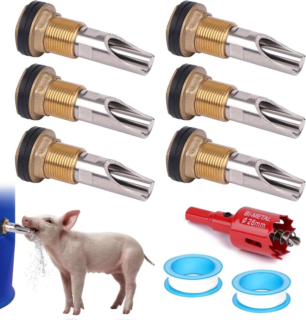 Pig Nipple Waterer for Barrel Kit Stainless Steel Pig Drinker Feeder with Brass Water Tank Connector Kit Automatic Pig Waterer System for Hog Goat Sows Piglets (6 Pig Drinker)