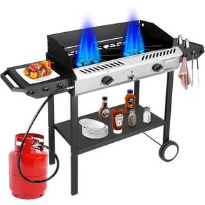 Bestfire 2 Burner Propane Stove Outdoor Camping Gas Stoves 150,000 BTU Auto Ignition with Regulator and Side Shelves Perfect for Patio Home Cooking and Frying