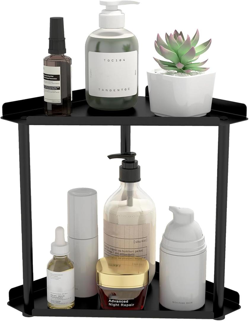Jesginboo 2 Tier Bathroom Counter Organizer, Vanity Organizer Corner Shelf, Skincare, Makeup Countertop Organizers, Kitchen, Bathroom Counter Storage, Black (10.6 x 5.9 x 10.6 in)