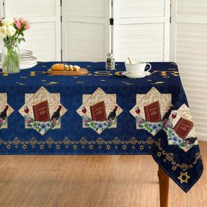 Passover Tablecloth 68" Round Rectangular, Vintage Deep Blue Wine Glass Books Washable Seasonal Table Cover for Party Dinner Patio Garden Picnic