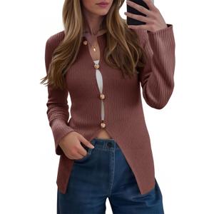 Saodimallsu Womens Ribbed Long Sleeve Sweater Tops Button Up Crewneck Slim Fitted Cardigans Sexy Going Out Knit Shirts (Small, Brown)