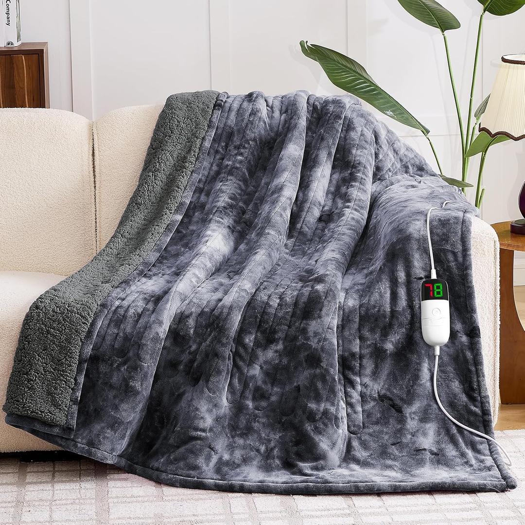 greenoak Heated Electric Blanket Throw, Faux Fur Sherpa Heating Blanket for Sofa Bed, Warm Winter Gift for Dad/Grandma, Heater Lap Blankets 5-Position Timer &10 Heating Levels 50''*60" Marble Grey