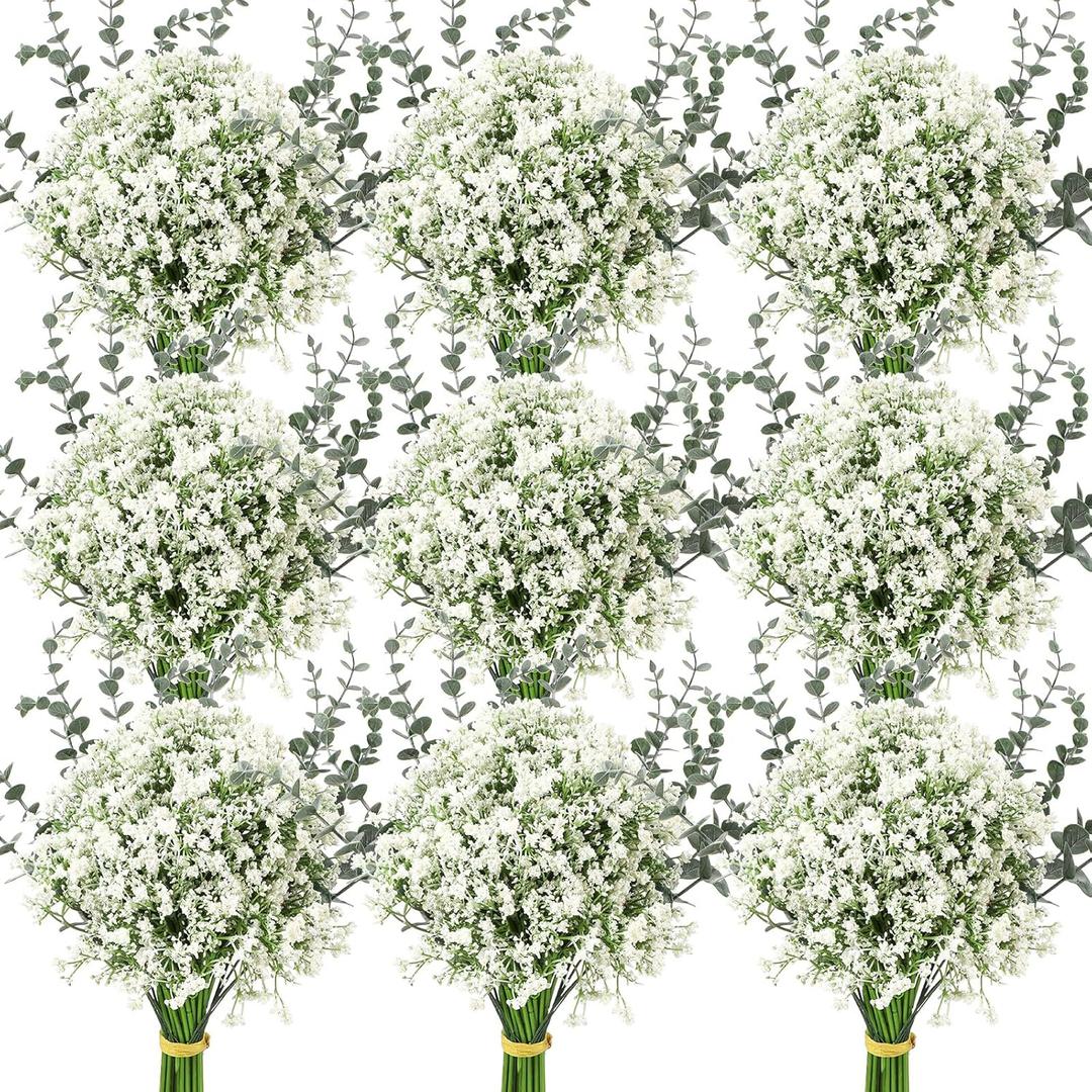 Retrowavy 80 Pcs Babys Breath Artificial Flowers Bulk Babys Breath Flowers Gypsophila Bouquets with Faux Eucalyptus Stems Leaves for Wedding Bouquet Party Filler Home Decor