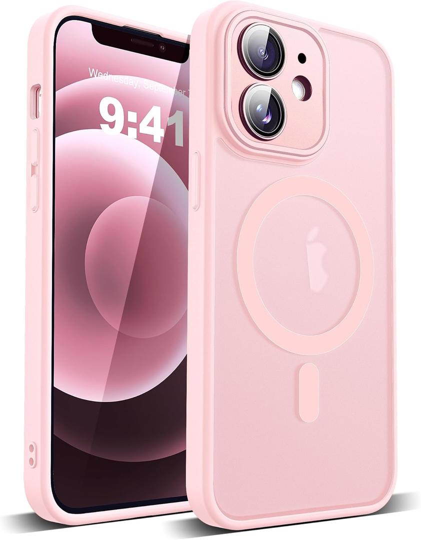 Compatible with iPhone 12 Case with Built-in Camera Lens Protectors Translucent Magnetic iPhone 12 Phone Case 6.1" [Compatible with Mag-Safe][Great Grip Feeling], Pink