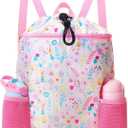 RHCPFOVR Drawstring Backpack for Kids - Swim Bags for Girls Beach Swimming Pool Lightweight Draw String Bags Waterproof Sports Gym Bag With Two Water Bottle Holder (Leaf & Flower)