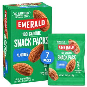 Emerald Nuts Whole Almonds 7ct (1-Pack), 100-Calorie Individual Packs, Kosher Certified, Non-GMO, Contains No Artificial Preservatives, Flavors or Synthetic Colors (4.34 Ounce (Pack of 1)) BB Date: 03/17/26