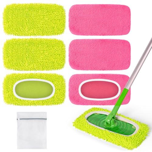 6 Pack Reusable Mop Pads Compatible with Swiffer Sweeper Mop, Washable Wet Pads Refill, Dry Sweeping Cloths, Microfiber Pads for Mopping Floors (Green, Pink)