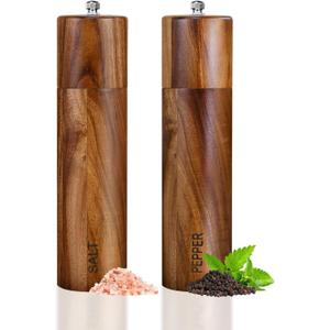 XWXO 2 Pack Acacia Wooden Salt and Pepper Grinder Set 8 Inches Refillable Salt and Pepper Mills Adjustable Coarseness, Acacia Wood with Ceramic Core Peppercorn Shaker Tableware Birthday Gifts