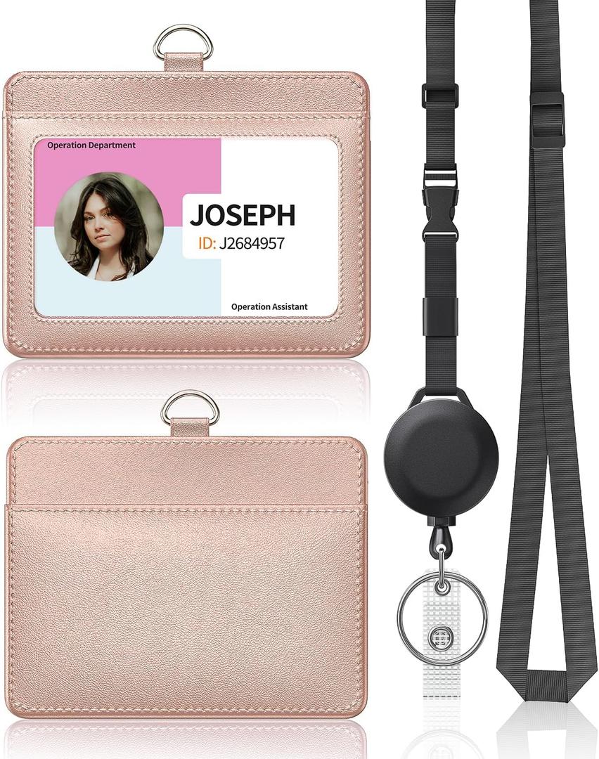 Uniclife Horizontal Rose Gold Leather ID Badge Holder and Retractable Adjustable Lanyard Breakaway Neck Lanyard with Retractable Badge Reel Quick-Release Buckle and Card Protector