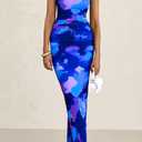 PRETTYGARDEN Women's 2026 Summer Floral One Shoulder Maxi Dress Wedding Guest Ruched Mesh Bodycon Long Cocktail Dresses (Blue, L)