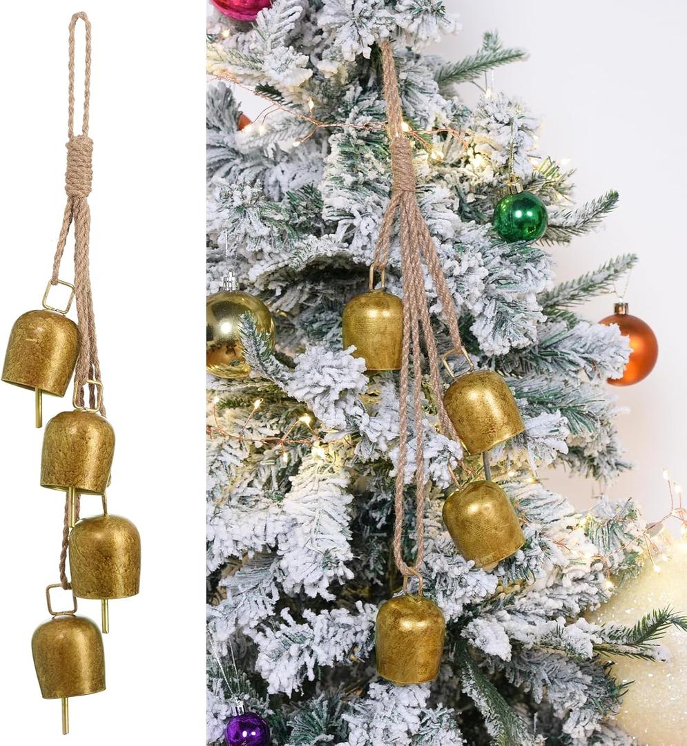 Christmas Gold Bells Set: Vintage Hanging Bells Decorations with Jute Rope - Metal Bell Chimes for Home, Garden, Christmas Tree, Wedding & Party, Antique Gold (1 Pack)