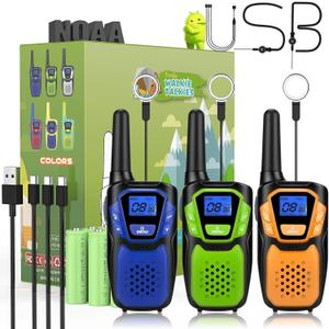 Walkie-Talkies for Kids Rechargeable Walkie Talkie for Adults Long Range FRS 2 Way Radio 3 Pack with Lanyard Battery NOAA USB, Family Toys for 3-12 Year Old Girls Boys Toddlers Camping (Blue Green Orange)