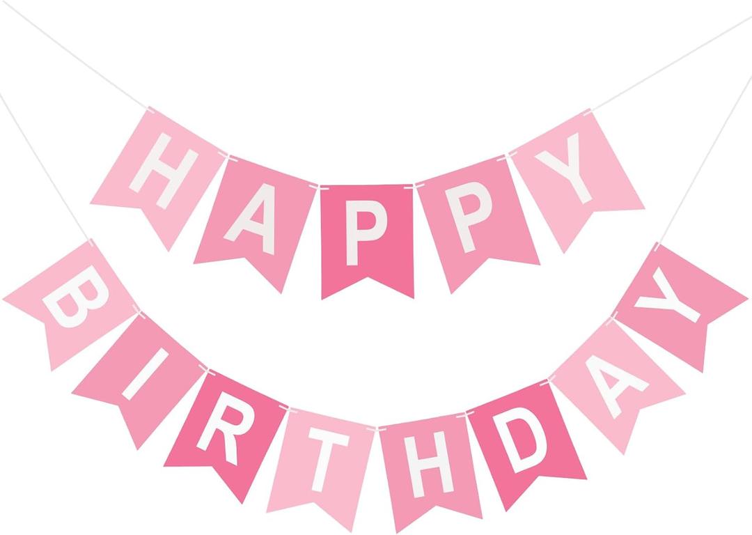 Pink Happy Birthday Banner Birthday Party Banner NO DIY Happy Birthday Sign Pre-Strung Birthday Hanging Decoration for Women Men Girl Boy Party Supplies (Pink)
