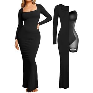Popilush Women's Long Sleeve Maxi Dress Built-in Shapewear Bra Square Neck Fall Formal Wedding Guest Cocktail Bodycon Dresses, Large