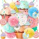 Hortsun 36 Pcs Donut Cupcake Party Hanging Paper Lanterns Two Sweet Birthday Supplies Hanging Swirls Paper Flowers Pom Poms Party Decor for Birthday Baby Shower Candy Supplies